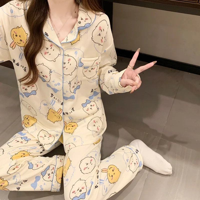 Miniso Chiikawa Usagi Hachiware Air Cotton Interlayer Pajamas Autumn Winter Thickened Insulation Cartoon Home Suit Two-Piece Set