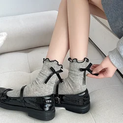 Ruffle Socks Cute Bow Sweet Girls Lolita Kawaii Socks Women Hollow Out Mesh Thin Breathable Solid Color Black White Gray Socks