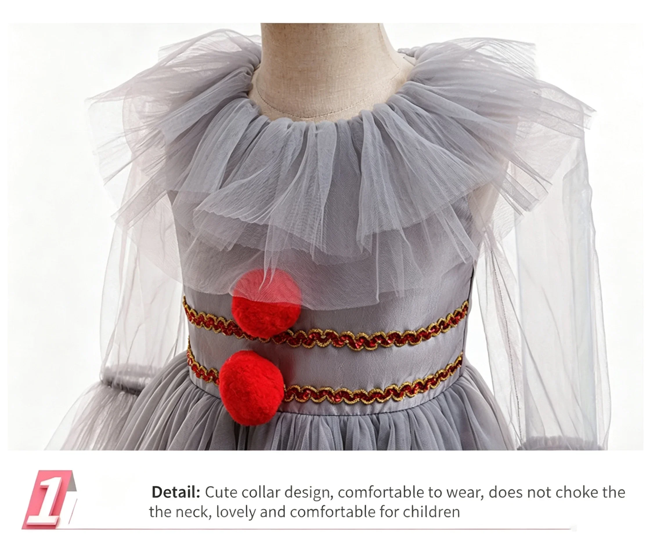 Halloween Kinder Clown Kostüm Mädchen Tutu Kleid mit Handschuhen und Krawatten Karneval Cosplay Outfit für Geburtstag Feiertagsparty Aufführung – Detail 15