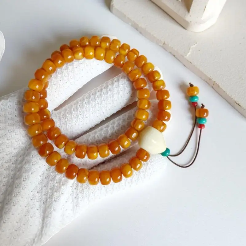Tibetan bone porcelain three-piece pendant, wax 108 Buddha bead bracelet, vintage-style , turquoise spacer beads, m