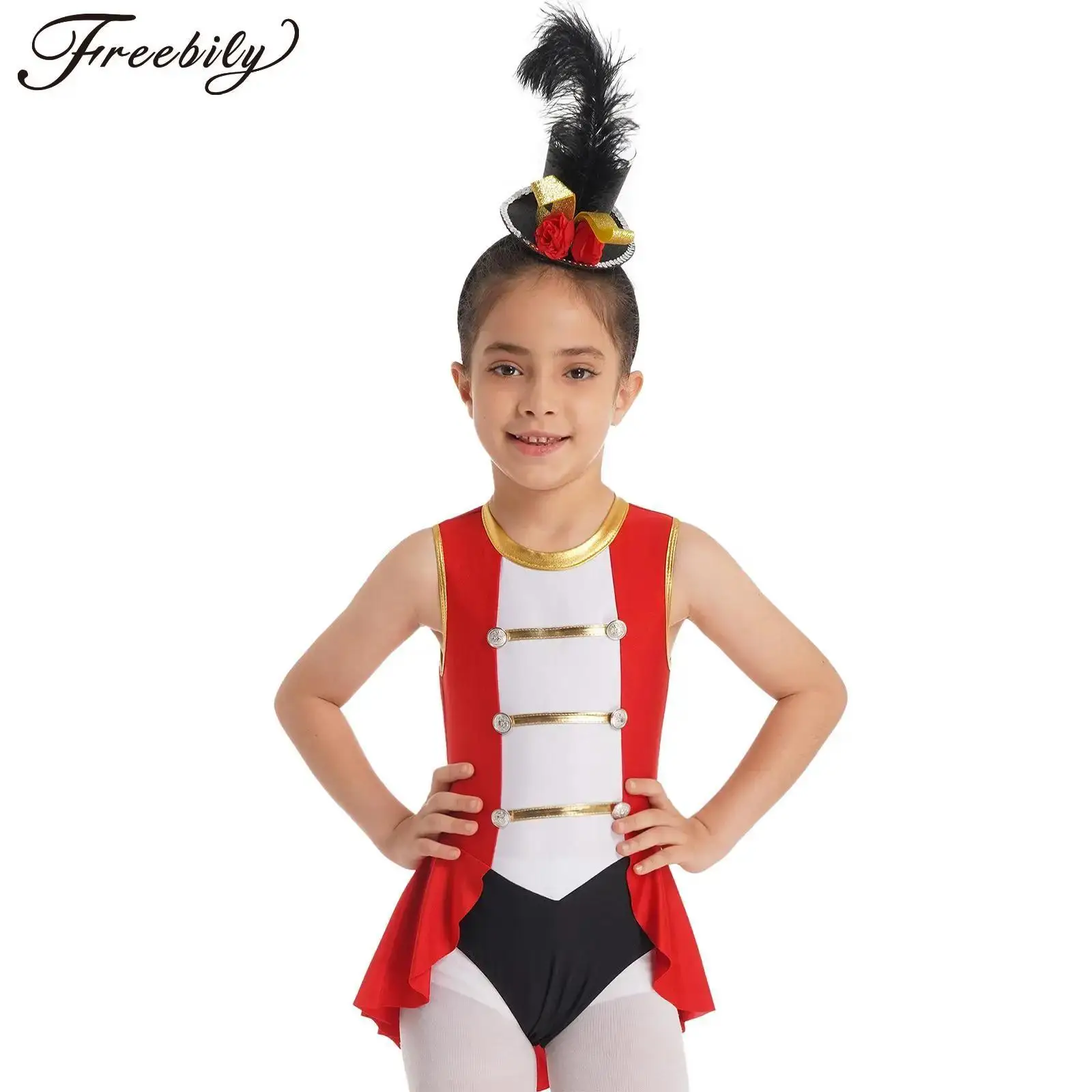 

Kids Girls Red Showman Circus Ringmaster Costumes Halloween Cosplay Party Lion Tamer Fancy Dress Up Sleeveless Leotard Skirt