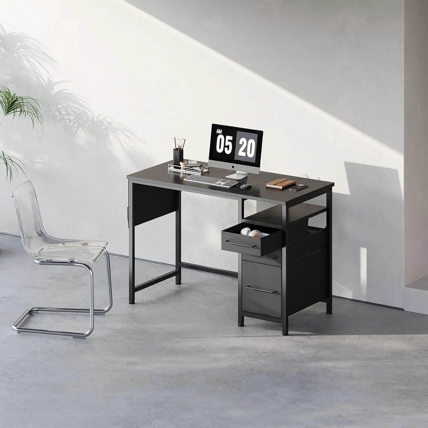 Small Desk with Drawers, 40 inch Computer with Shelves, Writing with Storage, Small Office with Metal Frame