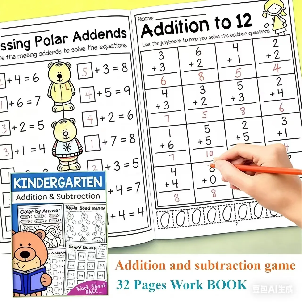 مصنف تعلم الرياضيات التفاعلي مكون من 32 صفحة مع أوراق عمل إضافة وطرح، وألغاز كلمات متقاطعة للأطفال من سن 5 إلى 8 سنوات