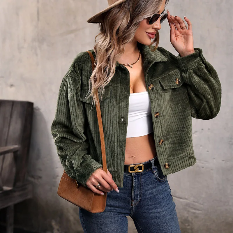

Autumn Cropped Corduroy Jackets Overcoat Single Breasted Lantern Sleeve Coats Women Fashion Vintage Winter Women Jacket
