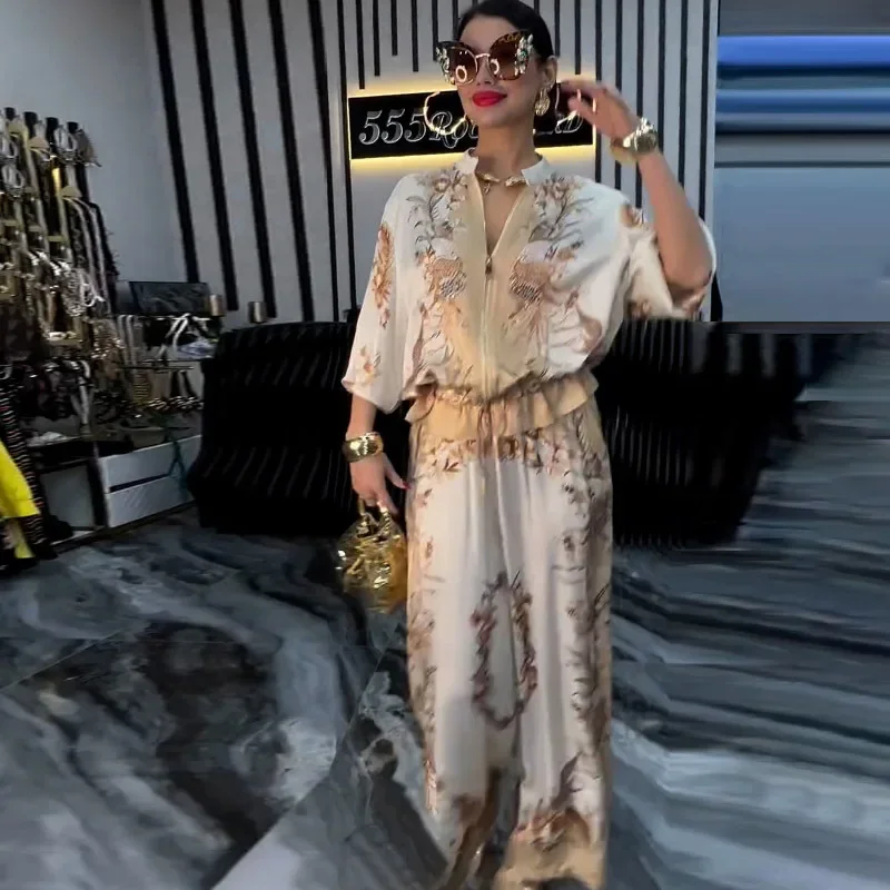 

Summer Fashion Print Women's 2-piece Set Flower Zipper Baseball Uniform Drawstring Trousers Two-piece Outfit Elegant Office Suit