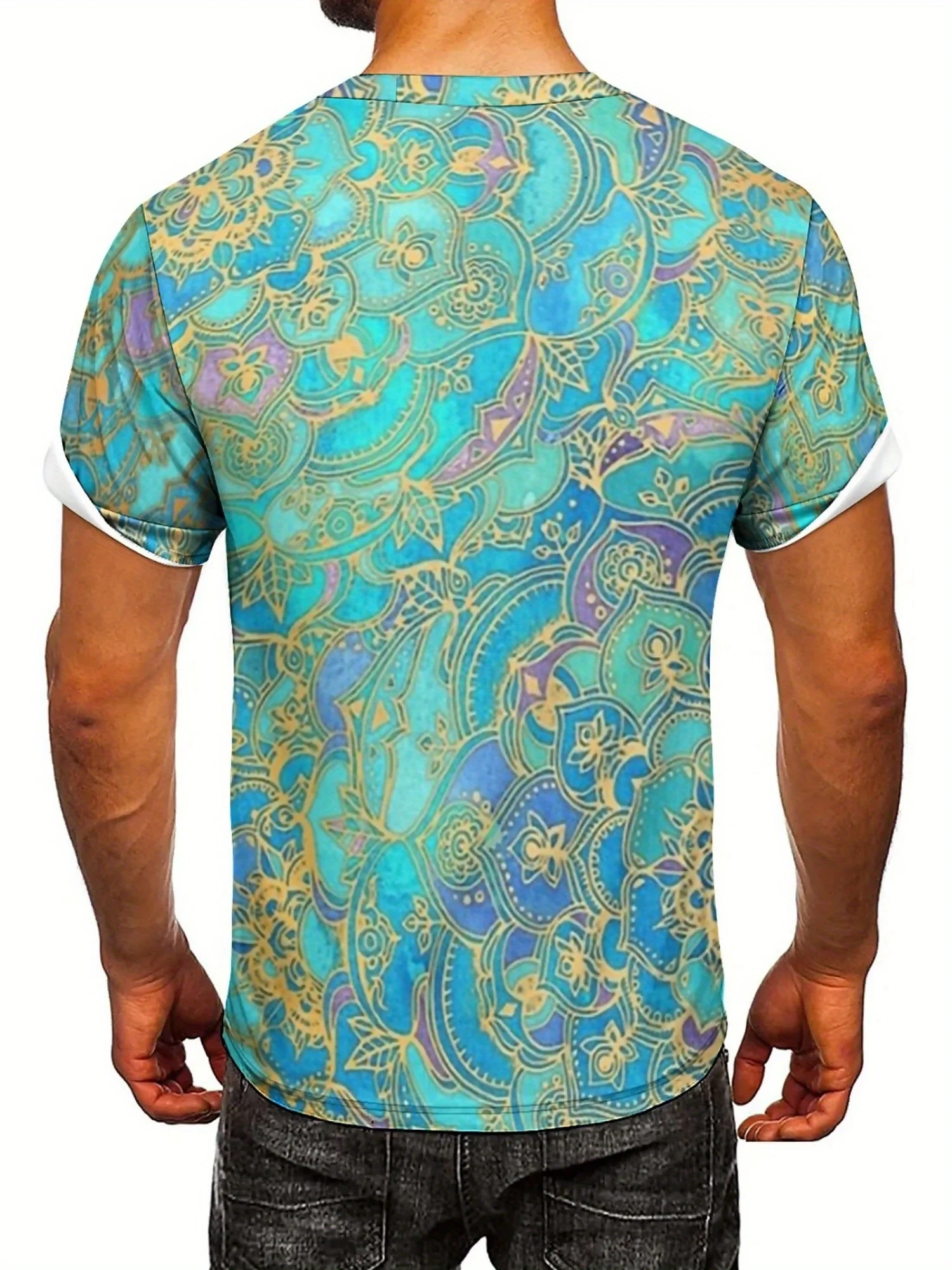Camiseta masculina plus size com estampa 3D – tecido de poliéster macio e confortável, leve e respirável, azul vibrante e geométrico dourado