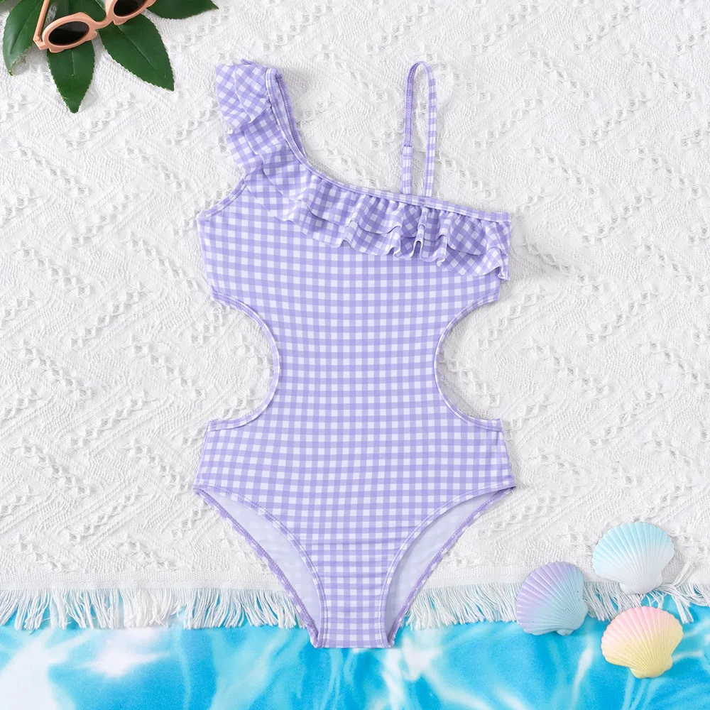 Fashion Slanted Shoulder Plaid Teenage Girls one piece Swimsuit 5-14 Year Summer Kids Swim Suits for girl Ruffled Swimwear