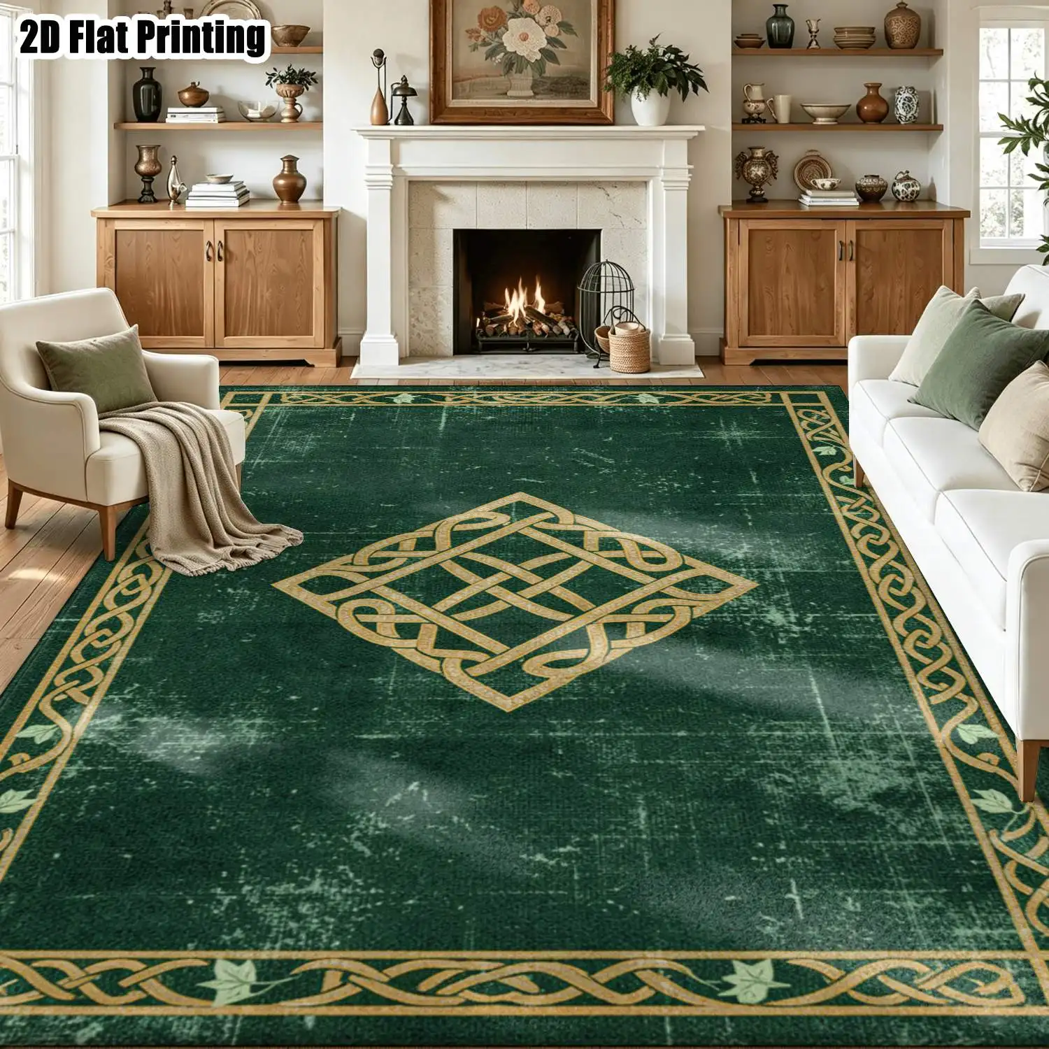 1Pc 2D Printed Carpet: Dark Green Celtic Knot Retro Pattern, Multi-Size, Machine Washable, for Home Decor & Multi-Scene Use