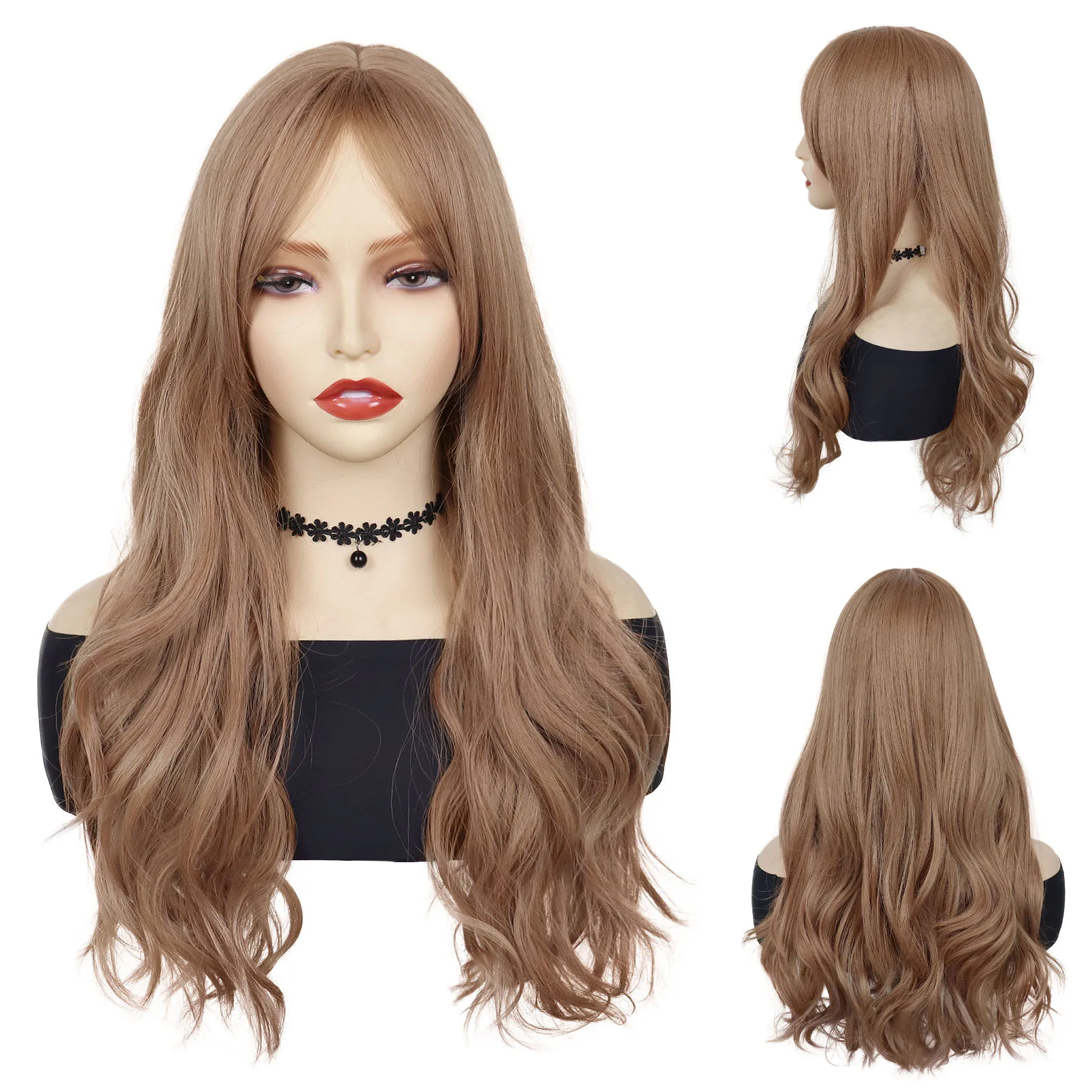 

Synthetic Curly Brown Wig with Bangs Long Fake Wigs for White Women Natural Hairstyles Cosplay Drag Queen Roleplay Halloween