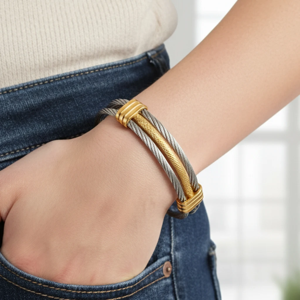 Chic Golden Silvery Stainless Steel Cuff Bracelet Multi Strand Cable Design for Men & Women Modern Stackable Bangle Jewelry