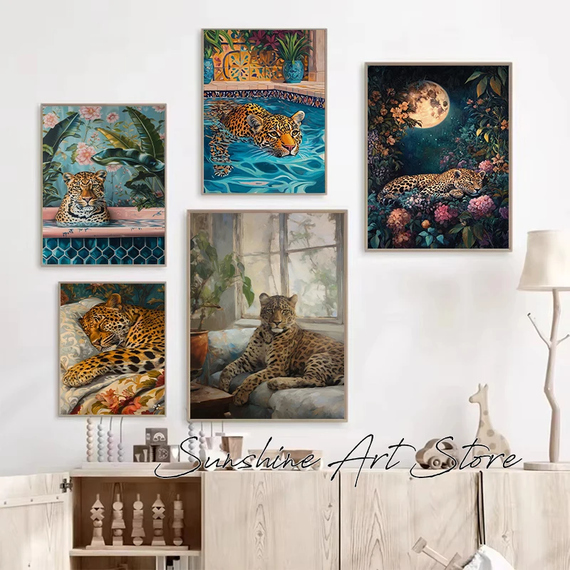Leopard Art Victorian Renaissance Portrait Modern Leopard Bathtub Magic Cheetah Crown Poster Canvas Painting Wall Pictures Decor