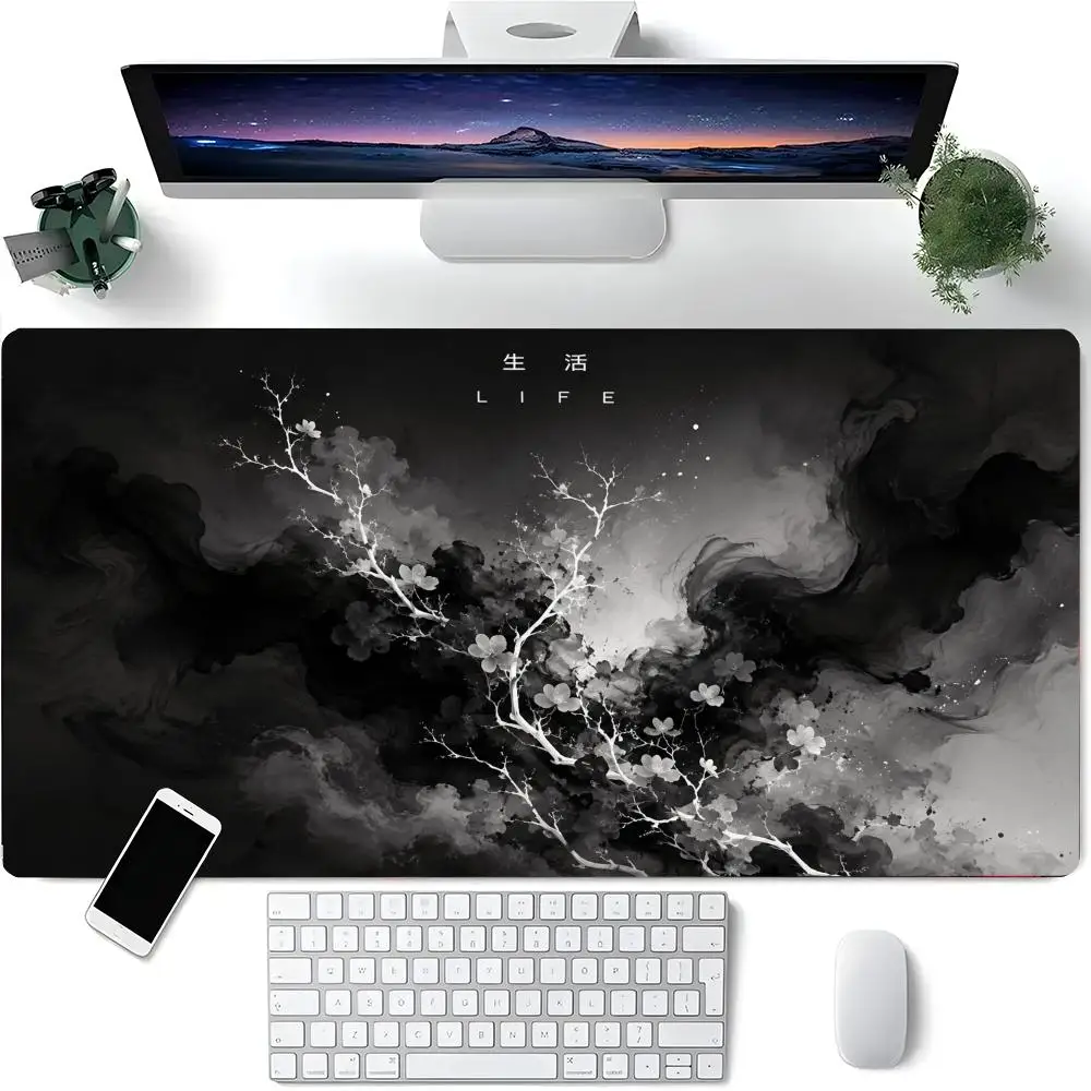 Monochrome Ink Fluid Smoke White Winter Blossom Oriental Art Large Gaming Mouse Pad Wear Resistant Computer Desk Pad