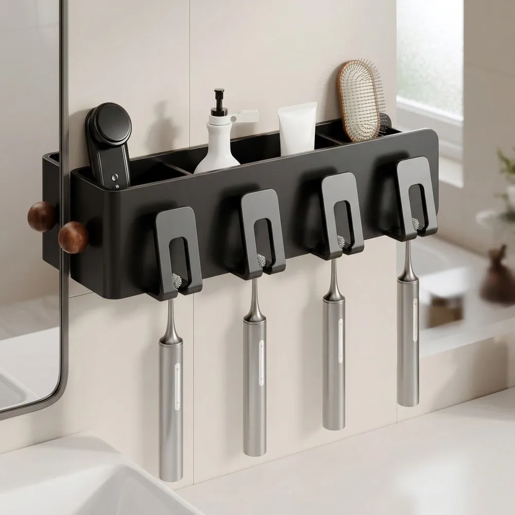 Black Wall Mounted Toothbrush Organizer for Electric Toothbrushes 4 Slot Design with Multi Section Storage 35x6x8cm Carbon Steel