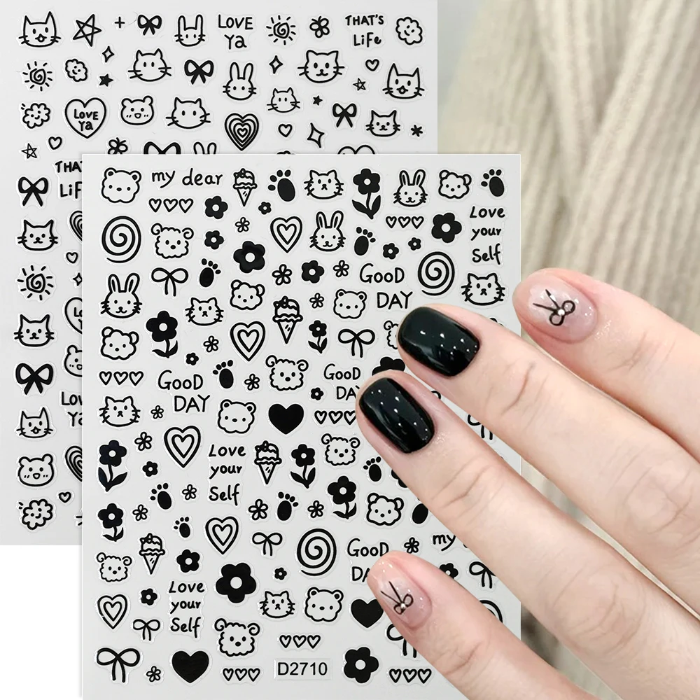 12 stücke Schöne Schwarze Katze Aufkleber Für Nägel Cartoon Kindliche Graffiti Tiere Kawaii Herz Stern Bowknot Nagel Aufkleber Maniküre Dekor