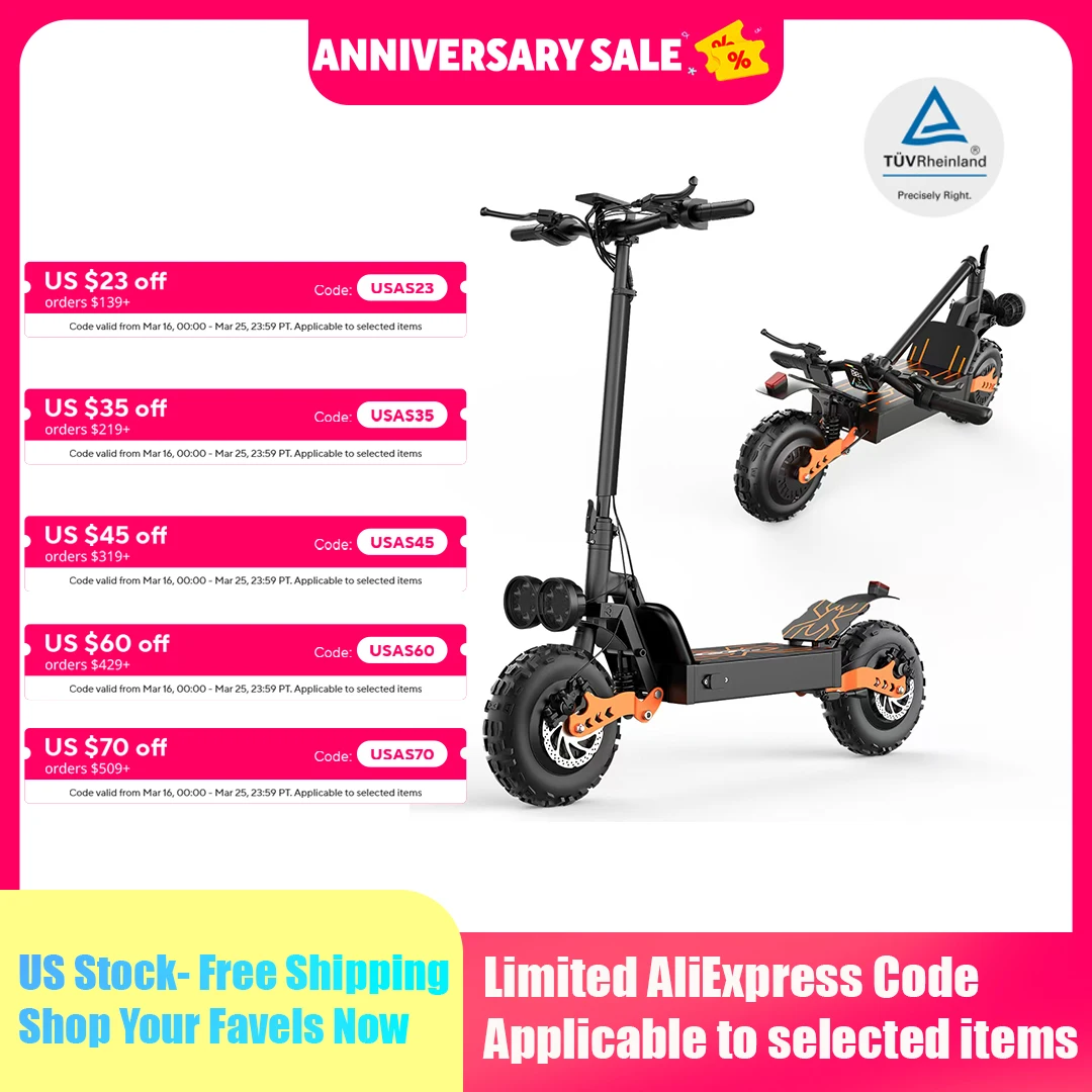 

Off Road Electric Scooter for Adults, 3000W Dual Motors, Up to 35 MPH & 70 Miles Range, 48V 20Ah Battery, 11" All-Terrain Tires,