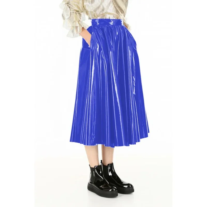 Elegant wetlook PVC leather high waist midi skirts A-line skirt swing skater skirt with side pocket fashion casual streetwear