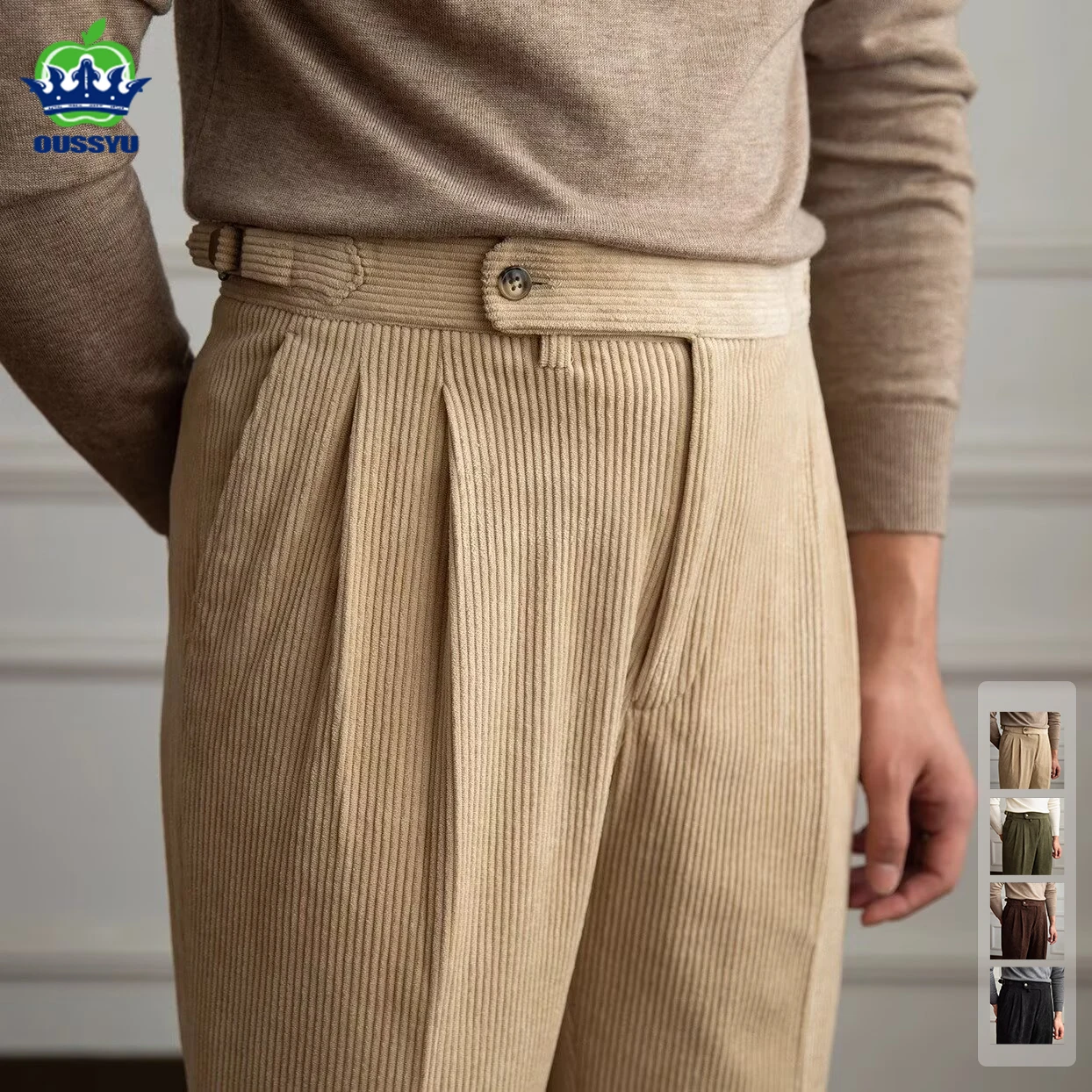 Classics Italian Naples Style Men's Suit Corduroy Pants Men High Waist Straight Work Formal British Business Brand Trousers Male