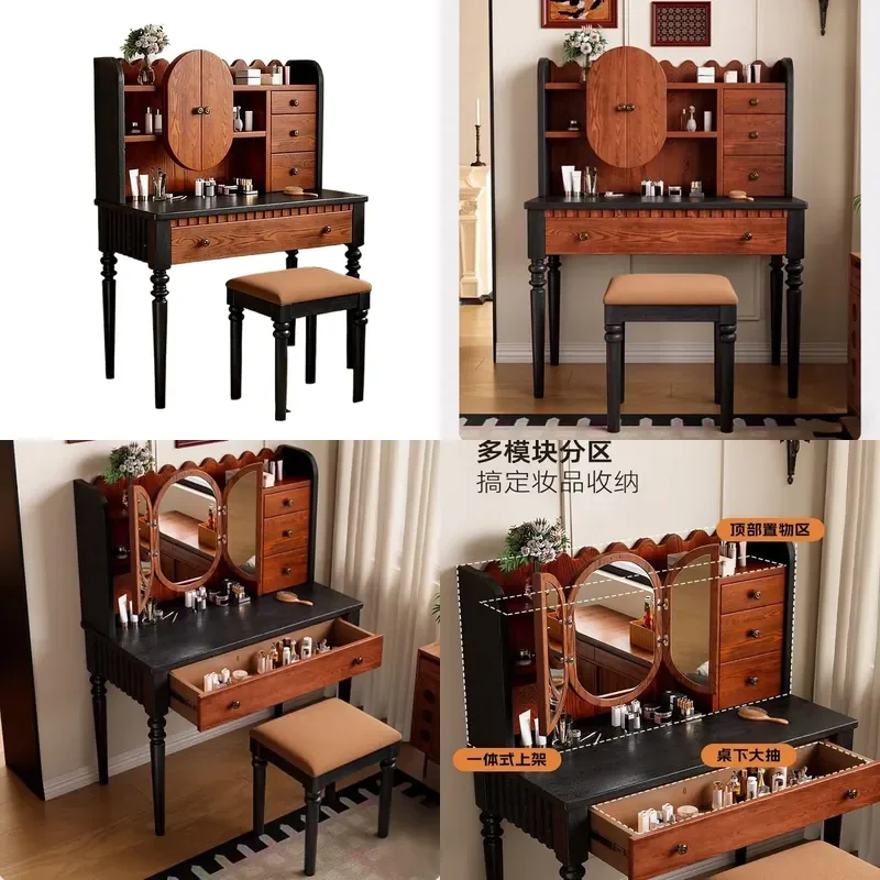 Solid Wood Dresser Makeup Table for Master Bedroom Small Apartment French American Retro Style Medium Antique Foldable Mirror