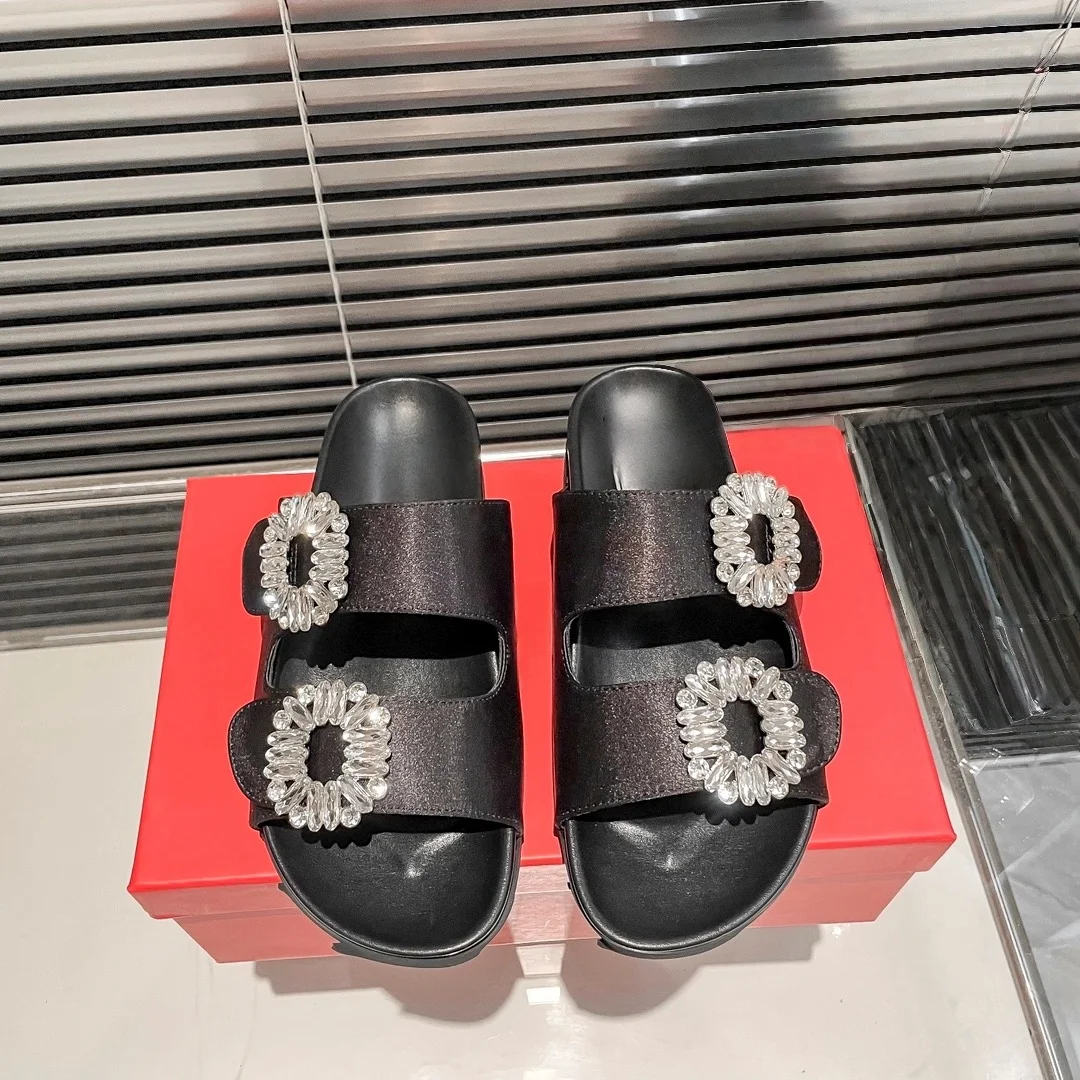 شباشب نسائية صيفية بإبزيم مربع ونعل سميك مع صنادل مسطحة وعصرية، شباشب نسائية من حجر الراين