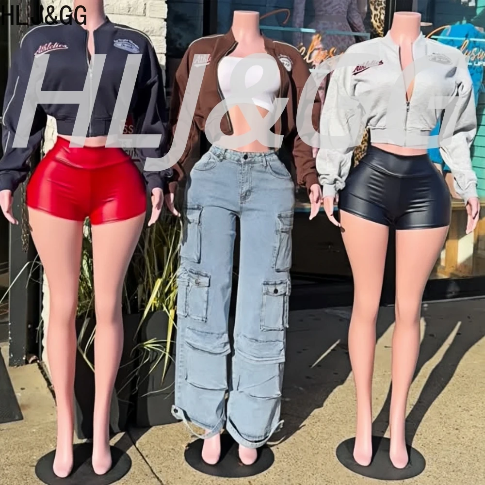 

HLJ&GG Fashion Embroidery Letter Baseball Jacket Two Piece Sets Women Zipper Long Sleeve Crop Top And Leather Shorts Streetwear