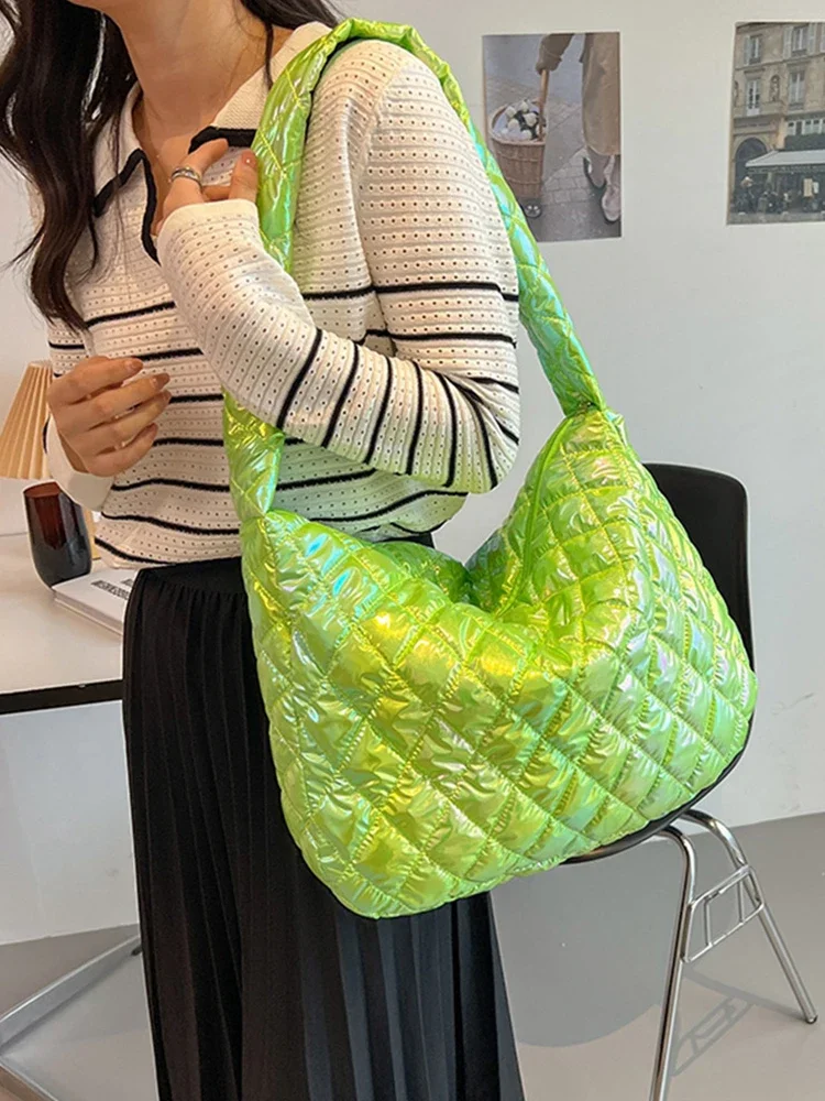 Cotton Padded Women Tote Bag Large-capacity Ladies Tote Handbags Laser Multicolor Rhombus Pattern for Travel Work for Daily Life