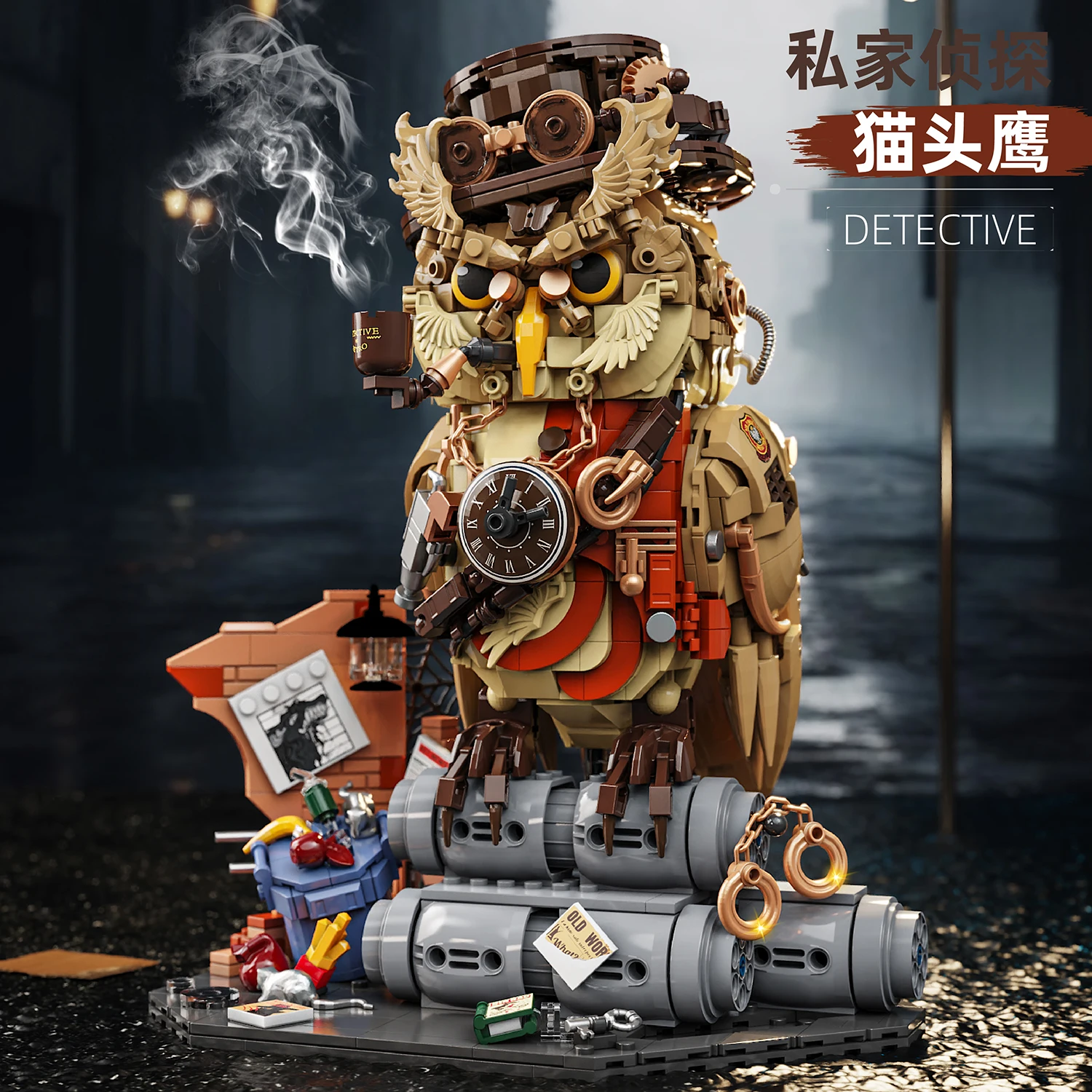 Punk Detective Owl building blocks Creative Ornaments home decoration Magic animal model Assembling toy children birthday gift