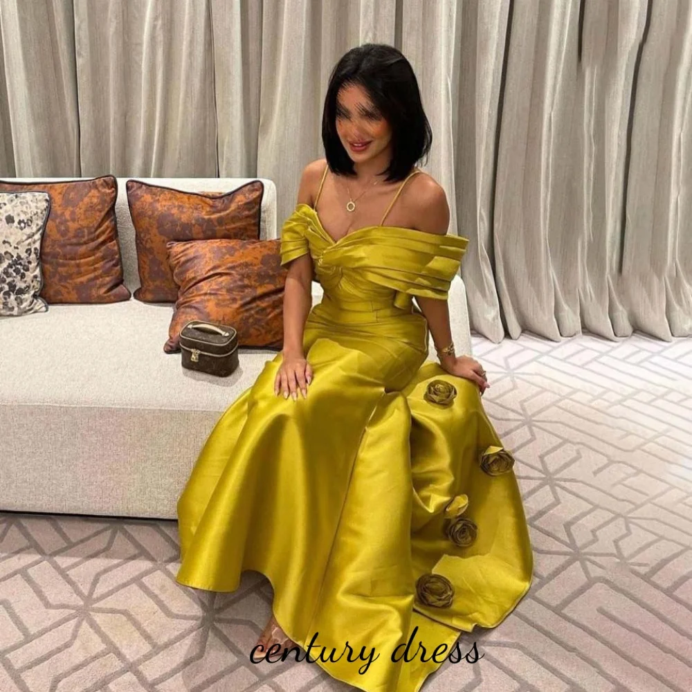 

Customized V-neck Evening Dress Satin Gorgeous Spaghetti Strap Prom Dresses Flower Formal Occasion Party Gown Robe Soiree