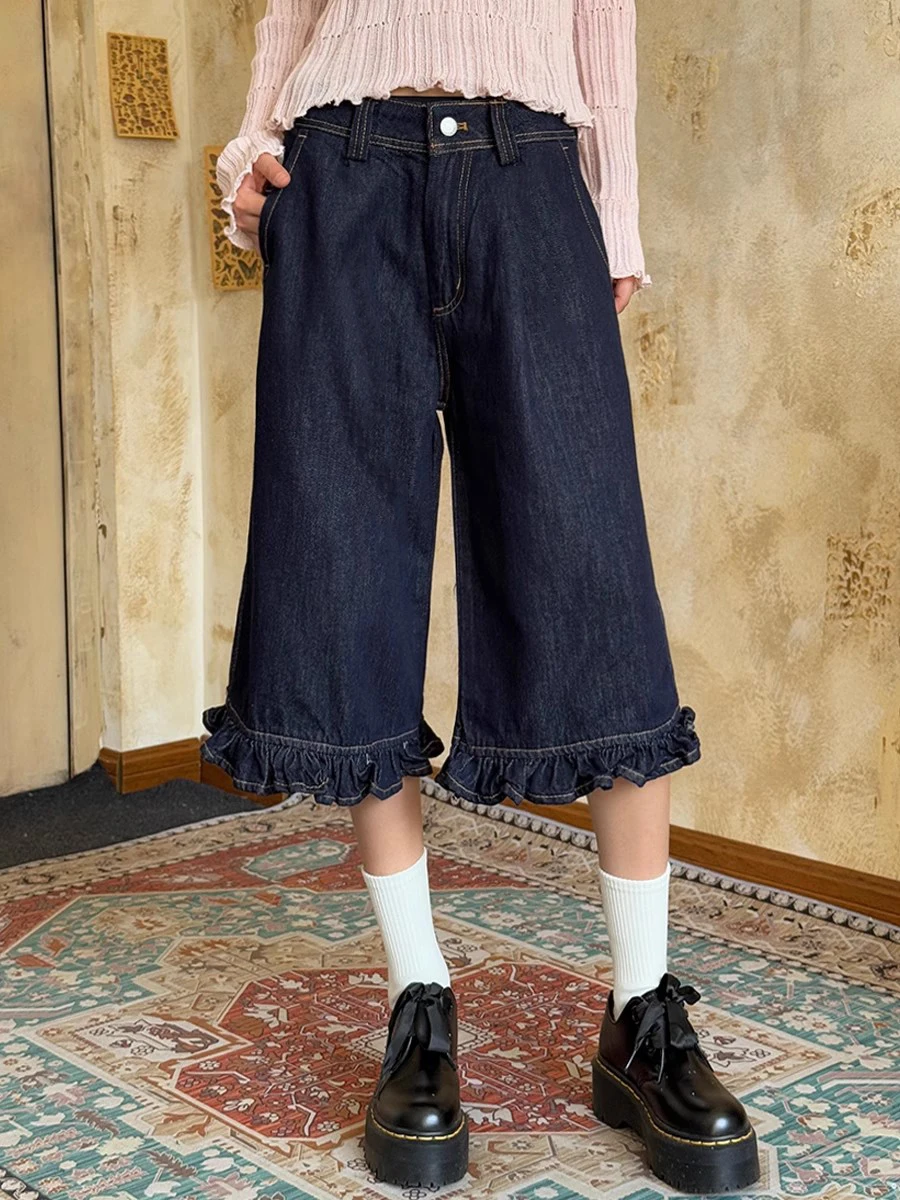 ReddaChic Women Summer Frill Trim Denim Shorts Solid Ruffled Hem High Waist Casual Wide Denim Bermuda Pants Kawaii Y2k Bottoms