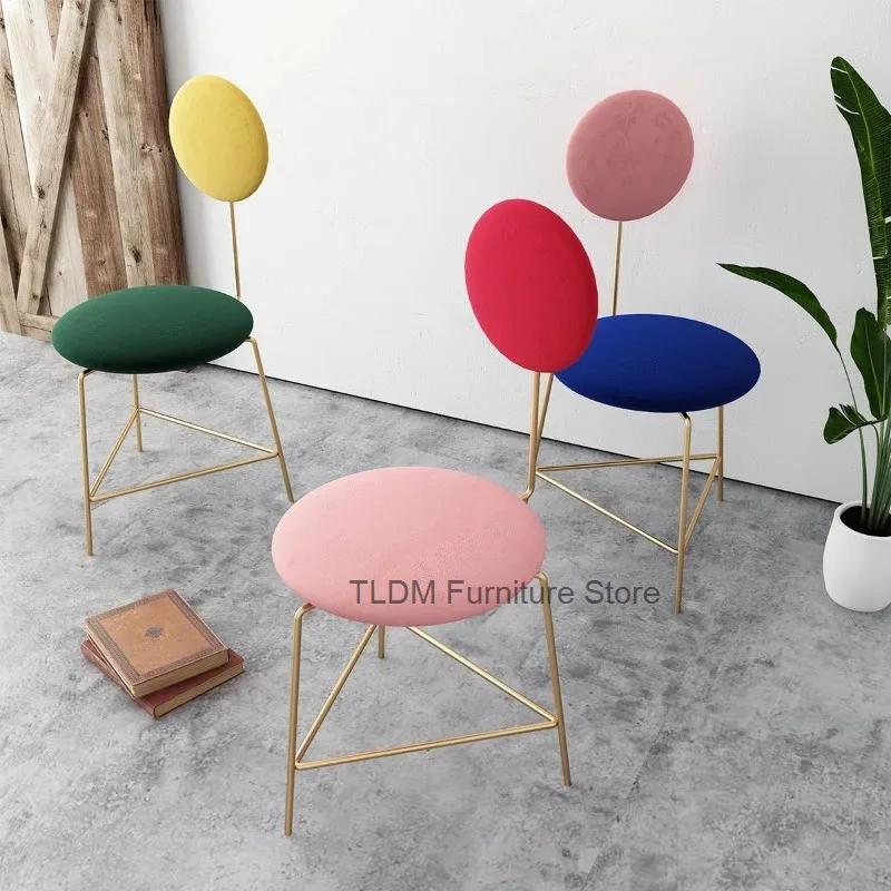 Oval Double Cushion Dining Chair Slender Geometric Metal Frame Soft Fabric Upholstered Armless Accent Side Chair for Home Decor