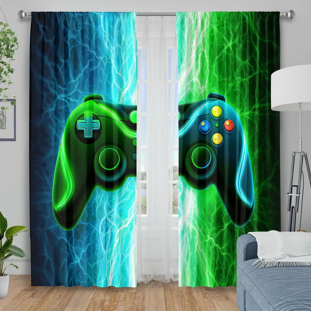 2pcs Gaming Controller Curtains Neon Lightning Gamepad Window Drapes Boys Room Gamer Decor