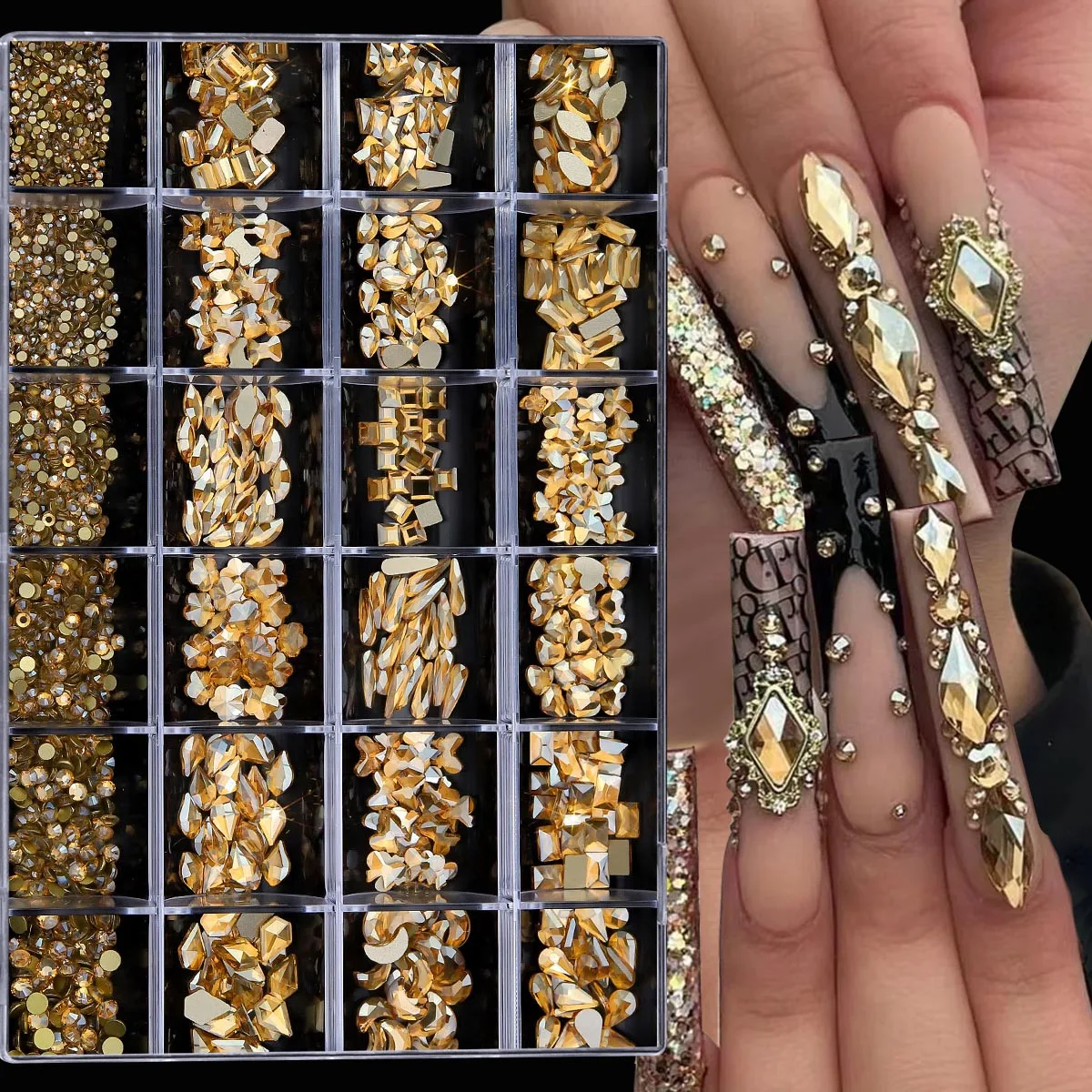 24 Grids of Manicure Rhinestones, Champagne Color Flat Shaped Diamonds, Small Round Diamonds, Various Styles of Rhinestone Mixed