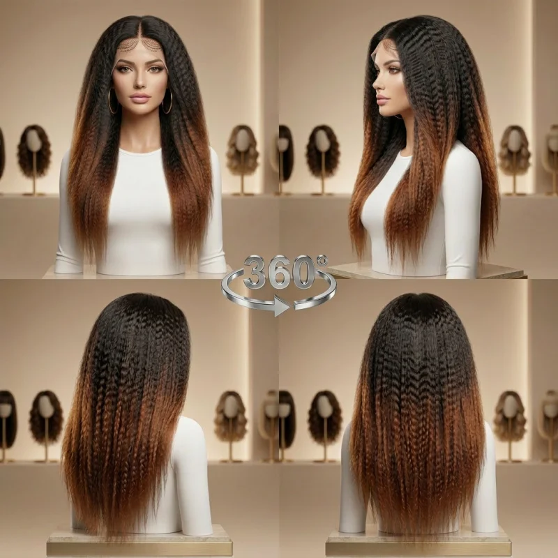 26 Inch 13x4 Lace Front Ombre Black to Brown Kinky Straight Synthetic Wig, Pre Plucked Hairline, Natural Fluffy Heat Resistant view 3