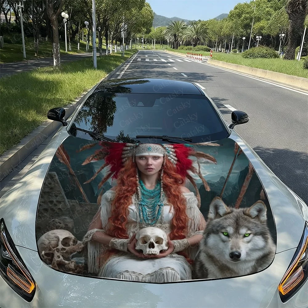 

Woman Chief Wolf Car Hood Sticker PVC Self Waterproof Stick, Striking Auto Exterior Accessories Decor Protect Gift for Car Lover