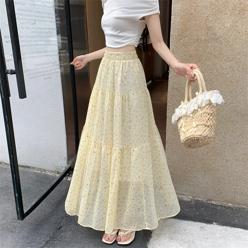 Elegant Yellow Floral Fairy Skirt Women's Summer Elastic Waist High Waist Draped Hip Covering Full A-Line Pleated Skirt