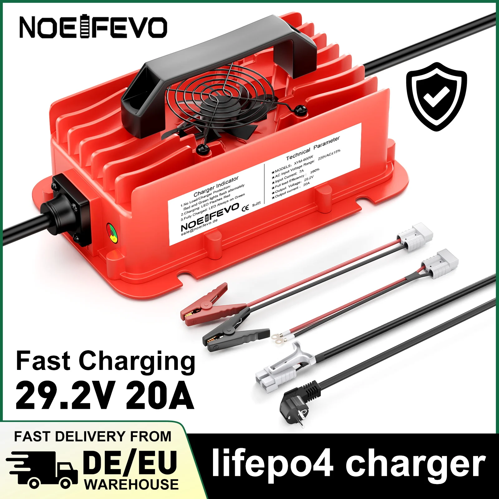 Caricabatterie 24V LiFePO4, caricabatteria intelligente 29,2V 20A per batteria per barca RV 25,6V 8S, impermeabile, riparazione 0V, Anderson 50A /M8