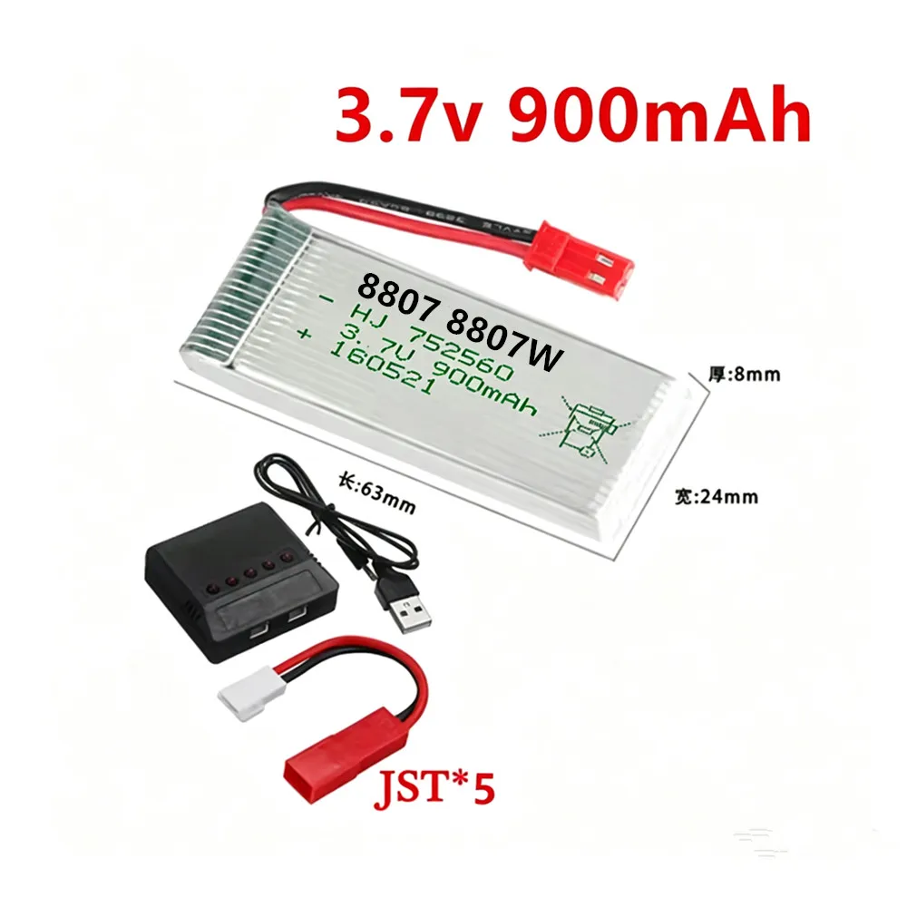 JST 3.7V 900mah Rechargeable Battery + Charger For 8807 8807W A6 A6W M68 Rc Drone Spare Parts 3.7V Lipo Battery