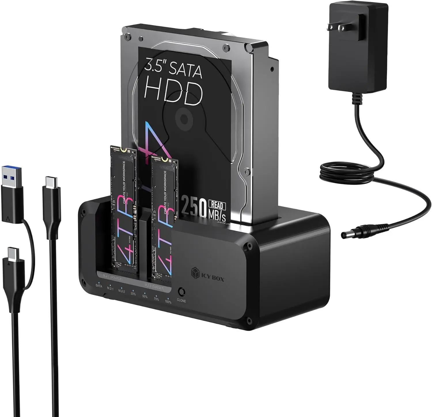 

Док-станция Triple Bay для M.2 NVMe и SATA SSD/HDD с USB-C 10 Гбит/с, функцией автономного клонирования, безинструментальная установка для накопителей 2.5/3.5 дюйма