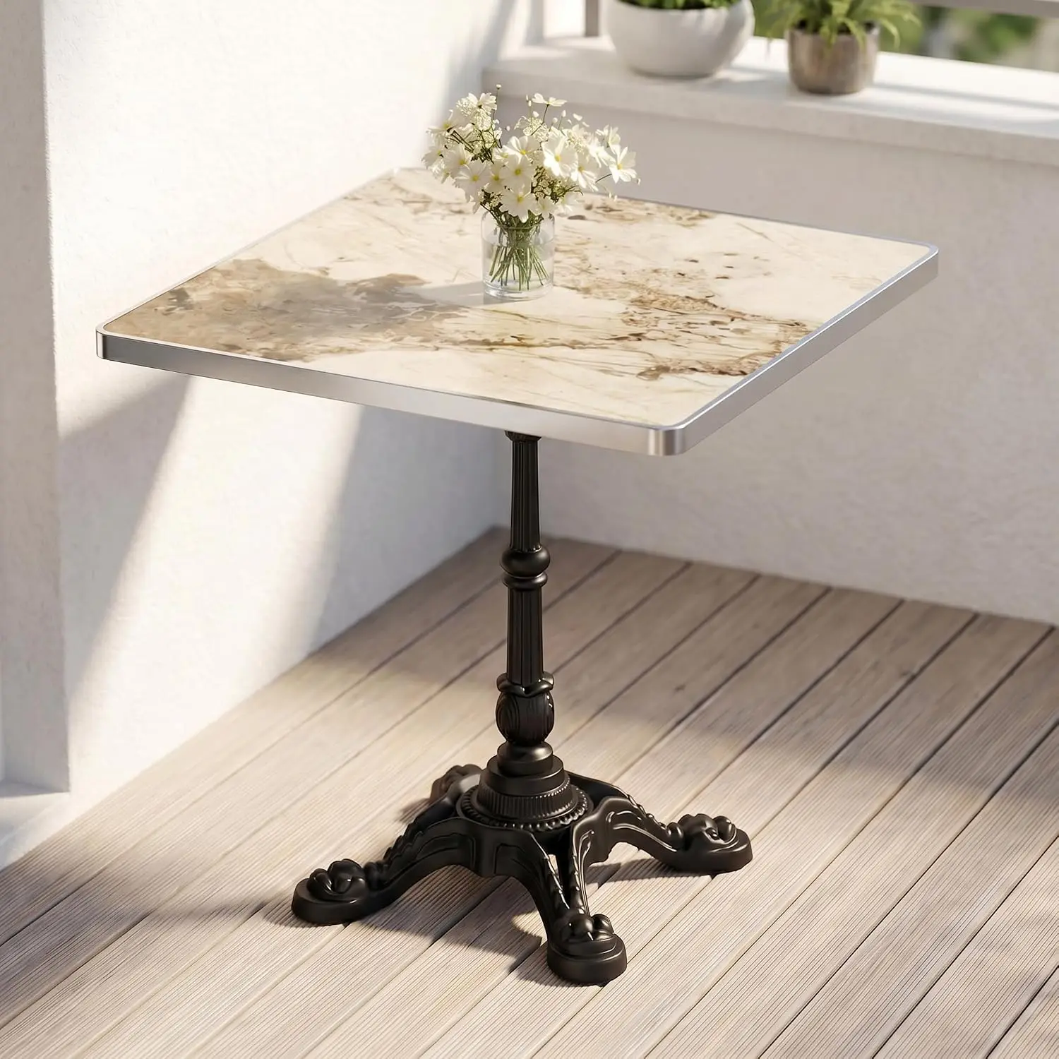 Small Square Tulip Table with Sintered Stone Top & Heavy-Duty Cast Iron Base, Small Outdoor Table for Bar, Cafe,balcony