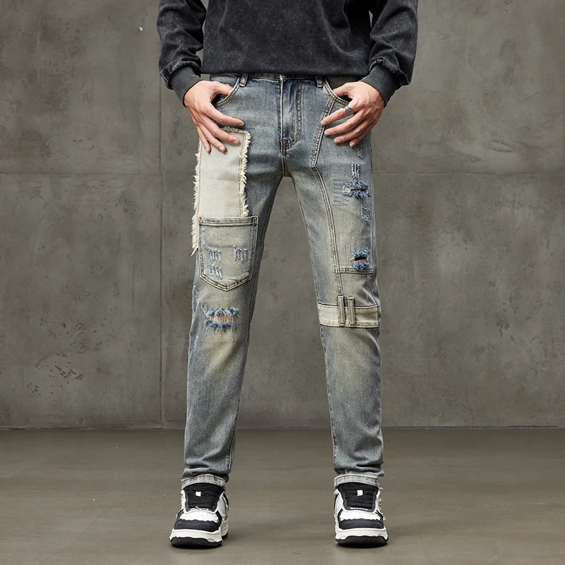 

High-end American vintage personality patch patch embroidery Slim small straight leg gang handsome splicing men's jeans