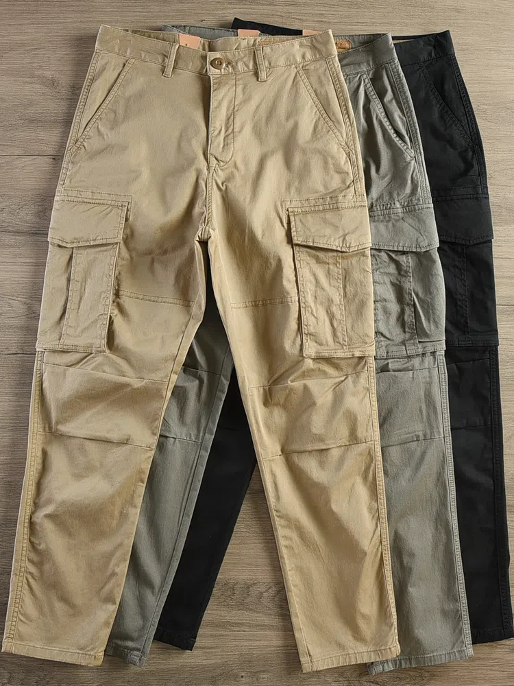 メンズレトロカーゴパンツ,マルチポケット,アウトドア,シンプル,コットン97%,ウォッシュド,ストレート,ルーズ,カジュアル,秋,新品