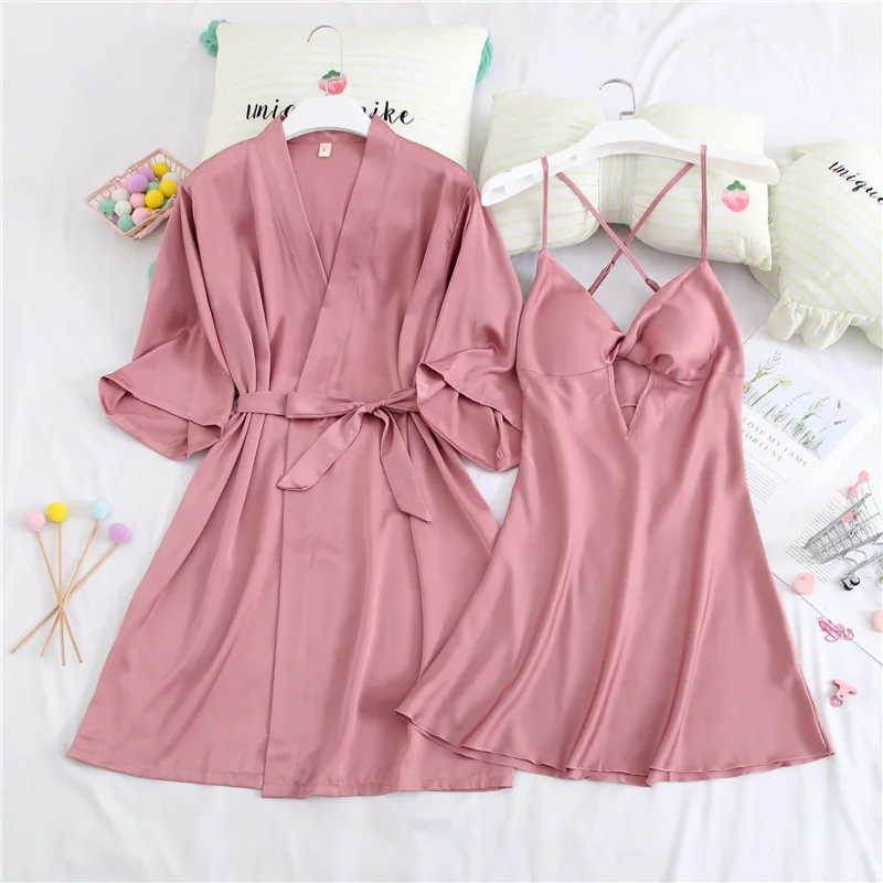 

Ice Silk Robe Nightdress Sleep Set Women Solid Color Homewear Nightgown Kimono Home Clothes 2Pcs Sleep Dress Sexy Homedress