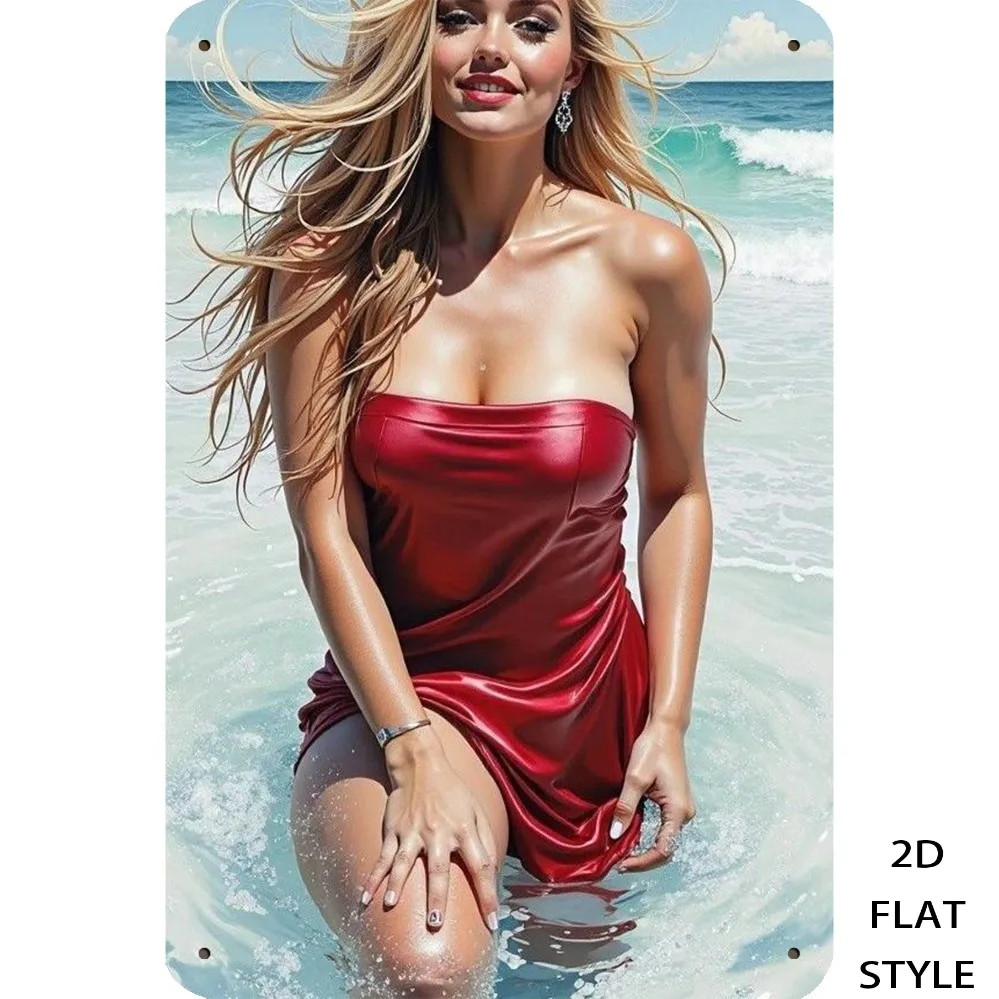 Vintage Metal Wall Art 8x12 Inch,Beach Red Dress Iron Sign for Garage Studio Basement Decor