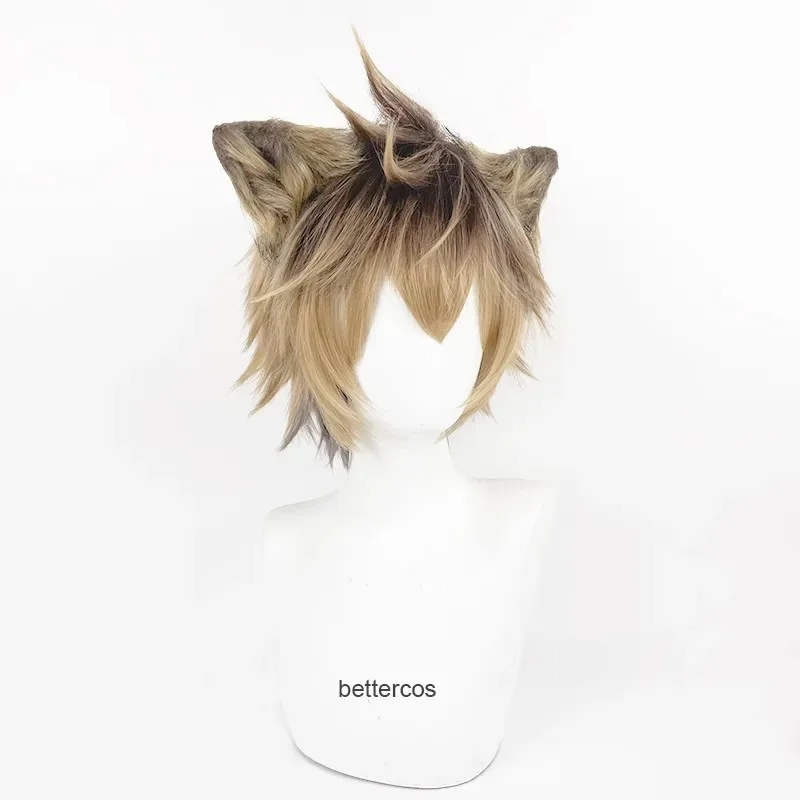 Ruggie Bucchi شعر مستعار تأثيري أنيمي الملتوية العجائب قصيرة براون شعر مستعار مقاومة للحرارة بيروكات صناعية + آذان