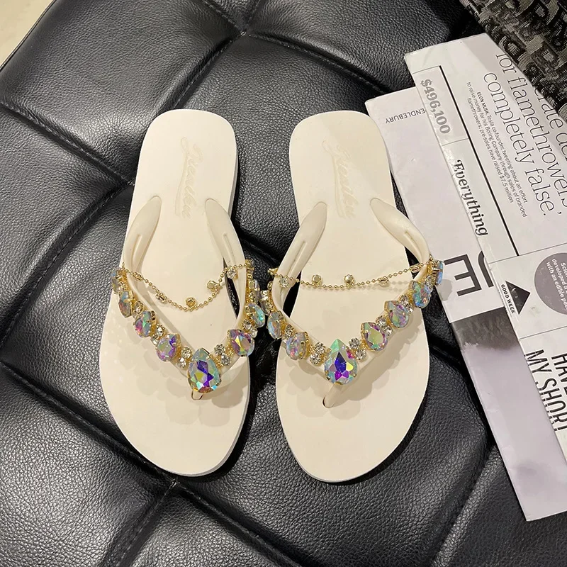 

Летняя женская обувь, модные тапочки для девочек, шлепанцы с блестящими кристаллами, удобная пляжная обувь на мягкой подошве