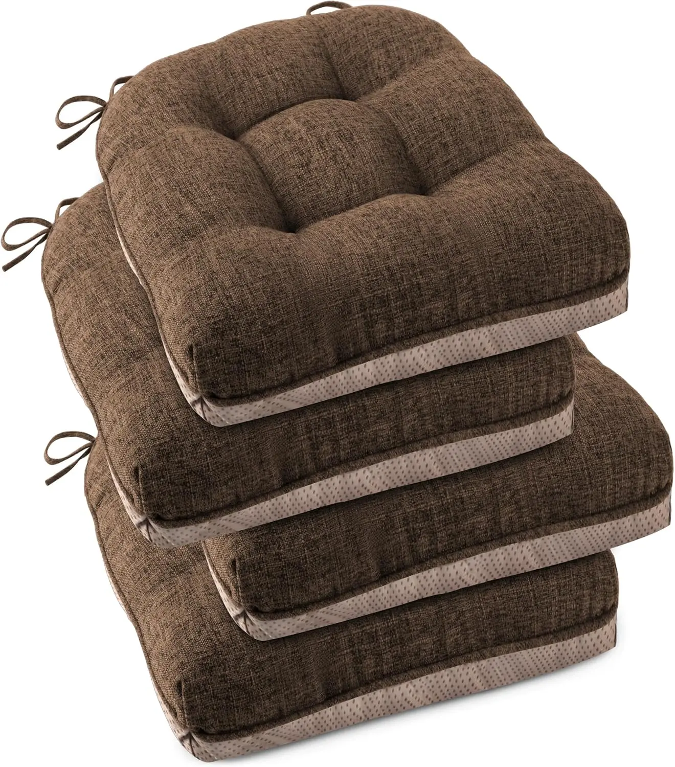 

Set of 4 Thick Tufted Dining Chair Cushions with Ties, Non-Slip Backing, Breathable Faux Linen Fabric in Coffee Color