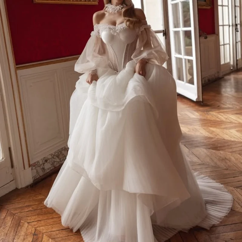 luxury satin white Wedding Dresses The corset glitter Tull layering decal off-shoulder style Gowns multi-layer Made customize