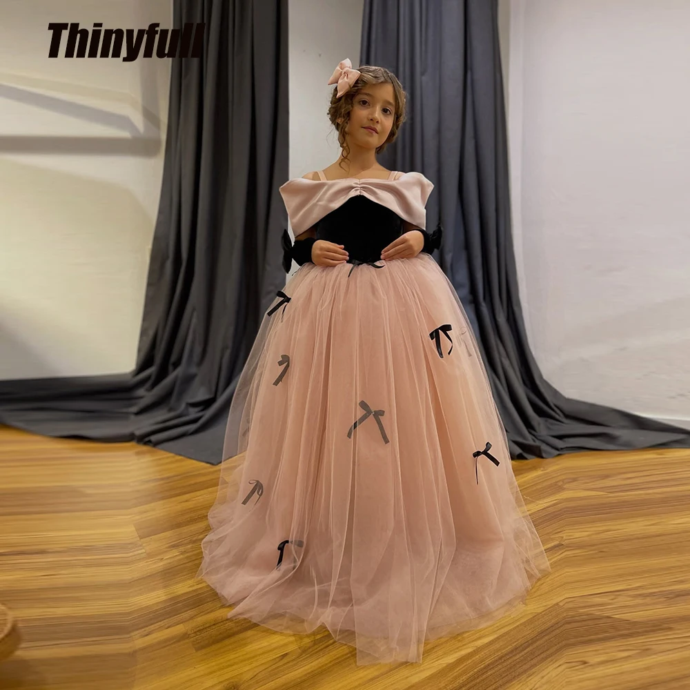 

Платье для девочек Thinyfull A-line с цветочным узором, бархатное/фатиновое, с открытыми плечами, детские вечерние платья, длинные платья принцессы на день рождения, на заказ