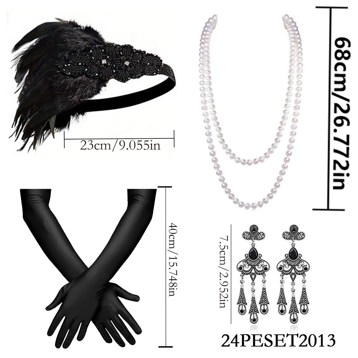 PESENAR 4 Pieces Black 1920s Costume and Accessories Set, Suitable for 1920s Themed Party and Cosplay