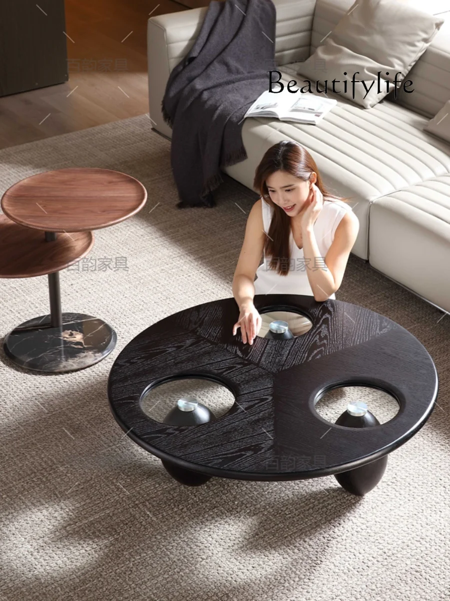 Italian Minimalist Solid Wood Glass Coffee Table Designer Black Silent Wind Combination round Coffee Table