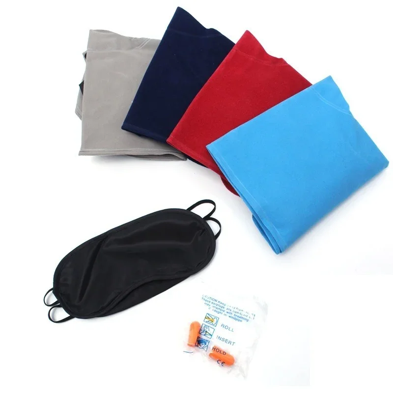 3pcs/pack Portable Cashmere Soft U-shaped Inflatable Pillow Travel Soundproof Earplugs Sunshade Eye Mask 3-piece Set